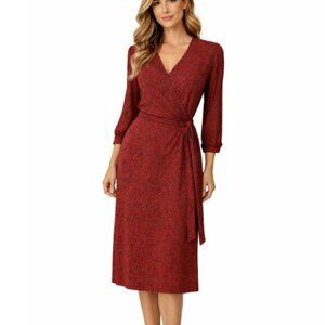 Lucky Brand Women's Faux Wrap Dress Size Small Red Blue Floral Midi Waist Ties